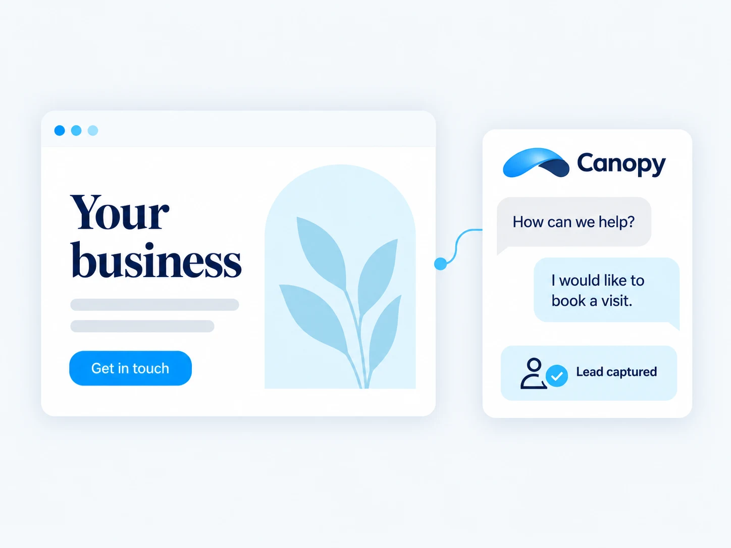 An illustrated business website with Canopy live chat turning a visitor conversation into a lead.